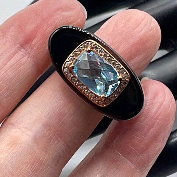 Gemorbit, Inc.,Smokey Topaz, white zircon and blue topaz ring size 8 - Picture 4 of 11